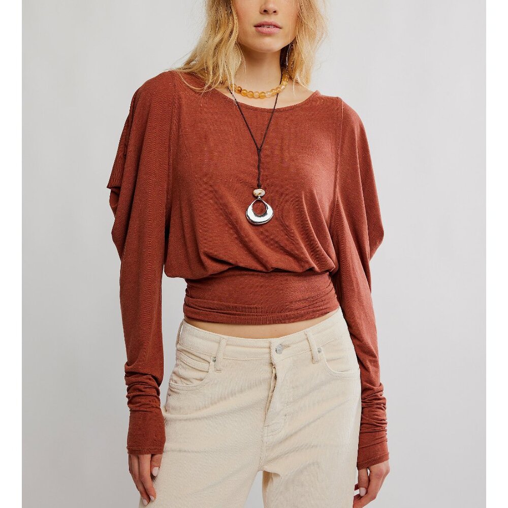 Free People Rust Long Sleeve Draped Waist Top